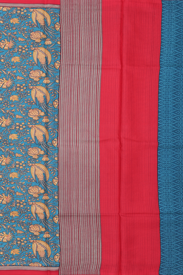 Printed Silk Saree In Teal Blue With Floral Design