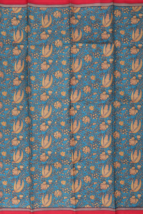 Printed Silk Saree In Teal Blue With Floral Design