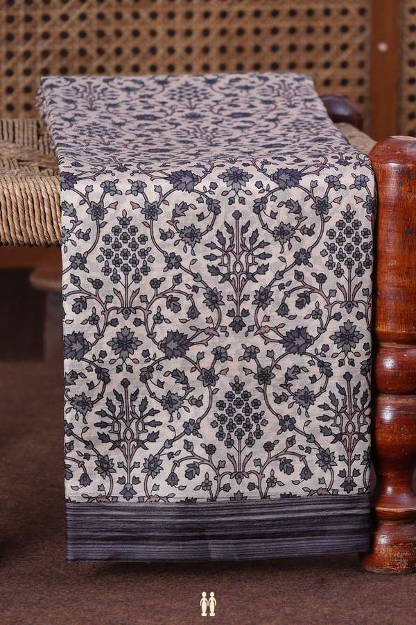 Printed Silk Saree In Cream Color With Floral Design