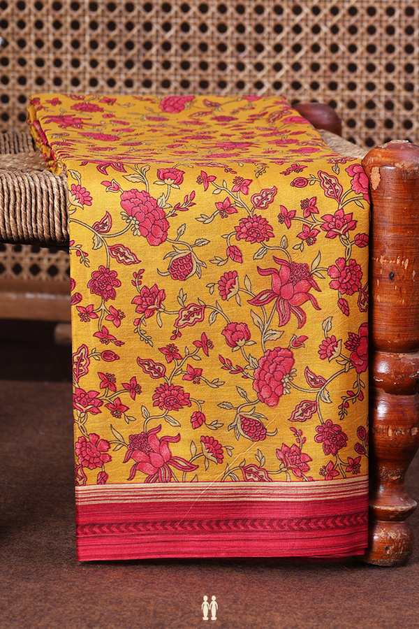 Printed Silk Saree In Mustard Yellow With Floral Design