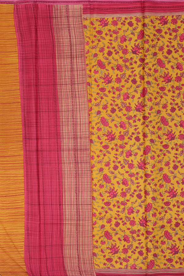 Printed Silk Saree In Mustard Yellow With Floral Design