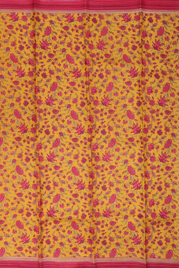Printed Silk Saree In Mustard Yellow With Floral Design