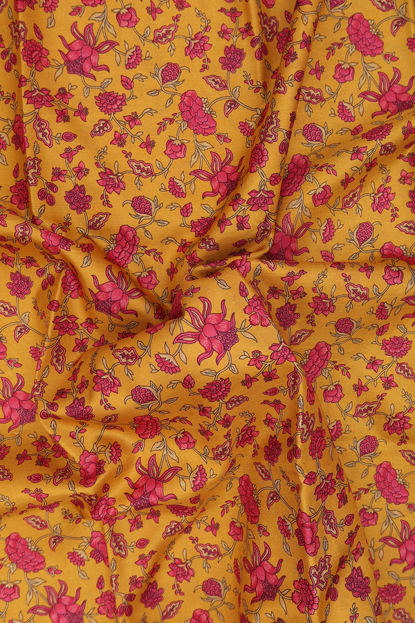 Printed Silk Saree In Mustard Yellow With Floral Design