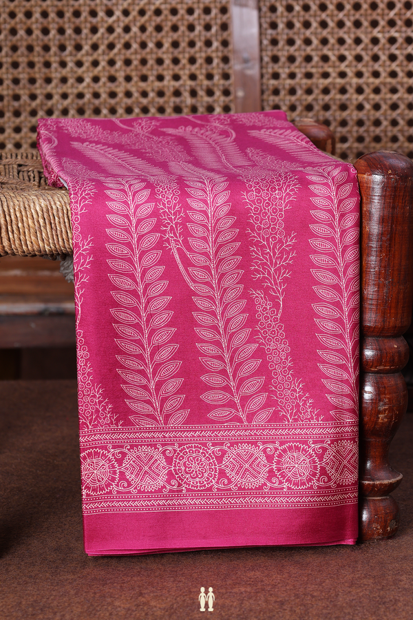 Printed Silk Saree In Dark Pink With Leaf Design