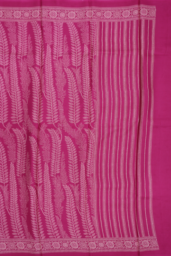 Printed Silk Saree In Dark Pink With Leaf Design
