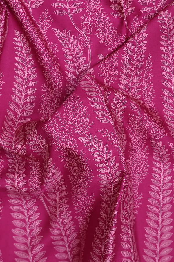 Printed Silk Saree In Dark Pink With Leaf Design