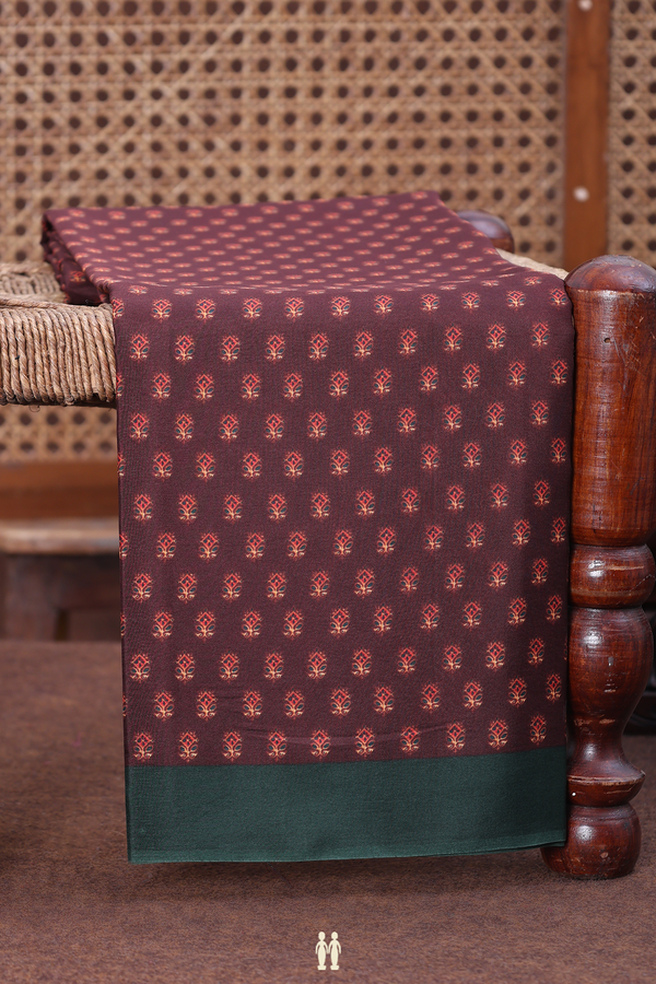 Printed Silk Saree In Coffee Brown With Floral Design