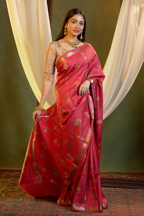 Printed Silk Saree In Red With Floral Motifs