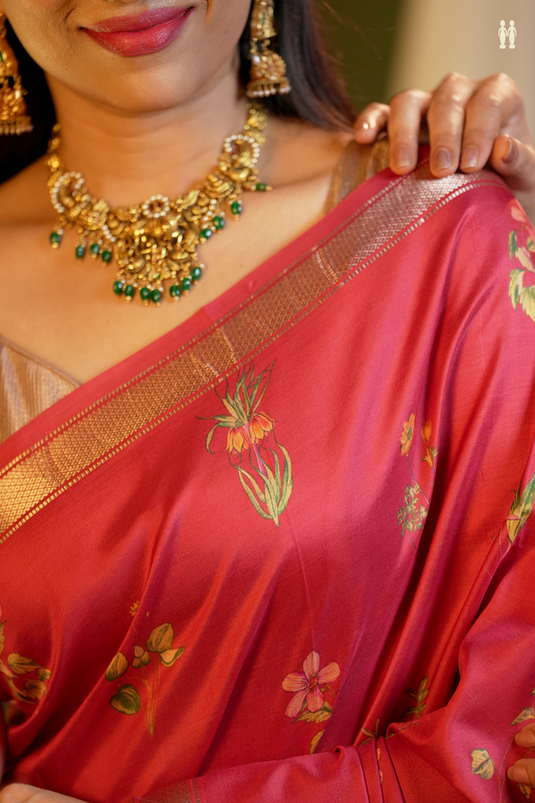 Printed Silk Saree In Red With Floral Motifs