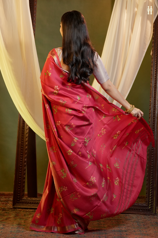 Printed Silk Saree In Red With Floral Motifs