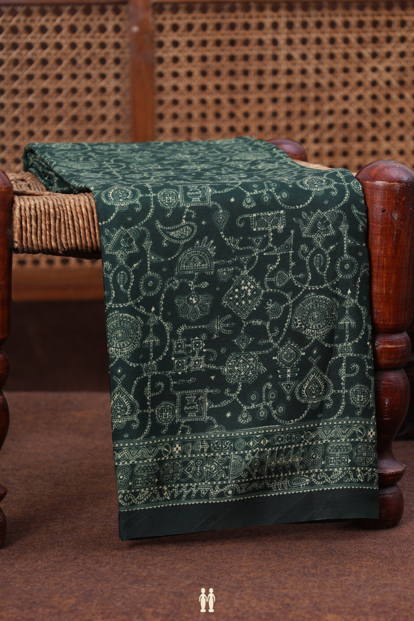 Printed Silk Saree In Dark Green With Allover Design