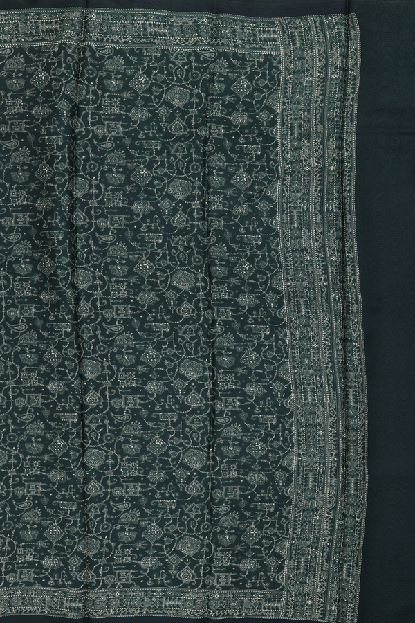 Printed Silk Saree In Dark Green With Allover Design