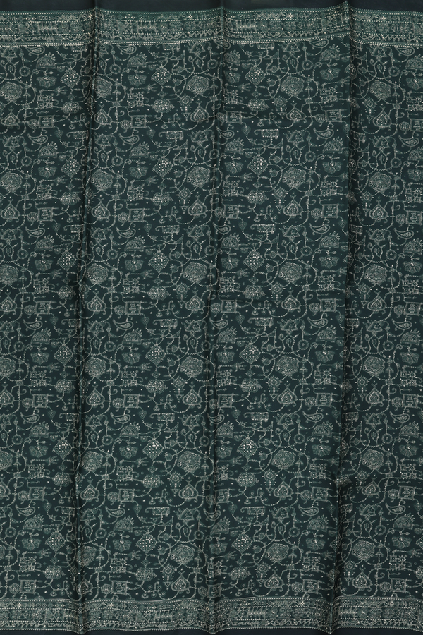 Printed Silk Saree In Dark Green With Allover Design