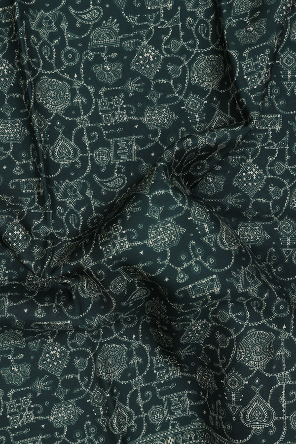 Printed Silk Saree In Dark Green With Allover Design
