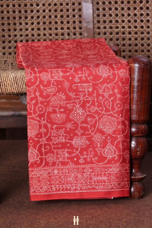 Printed Silk Saree In Red With Allover Design