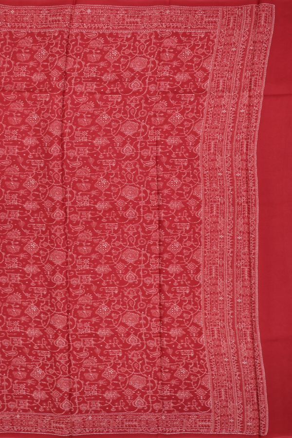 Printed Silk Saree In Red With Allover Design