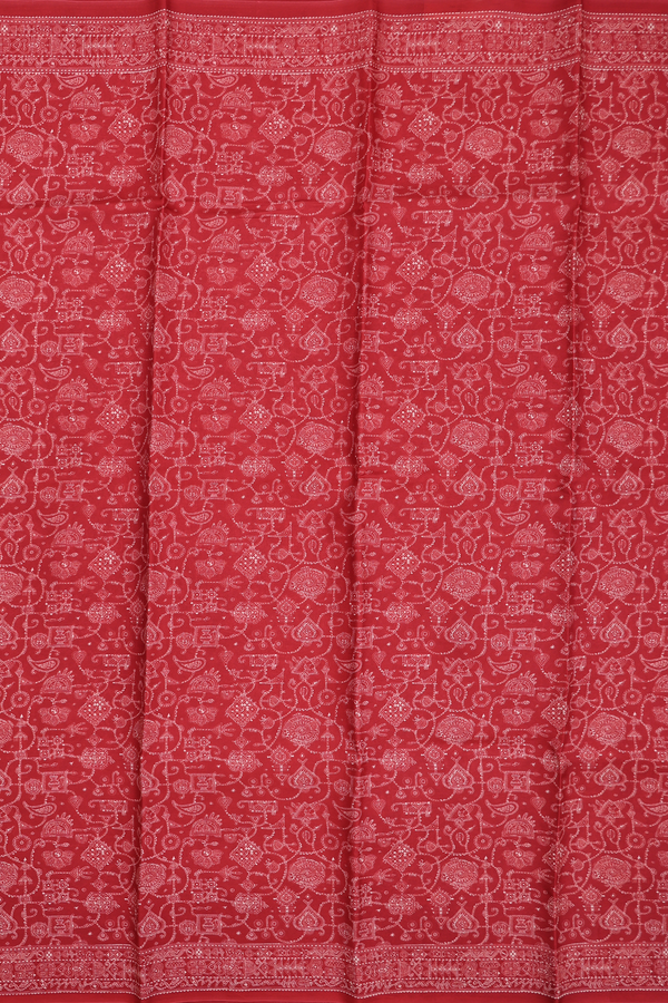 Printed Silk Saree In Red With Allover Design