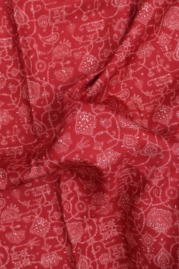 Printed Silk Saree In Red With Allover Design