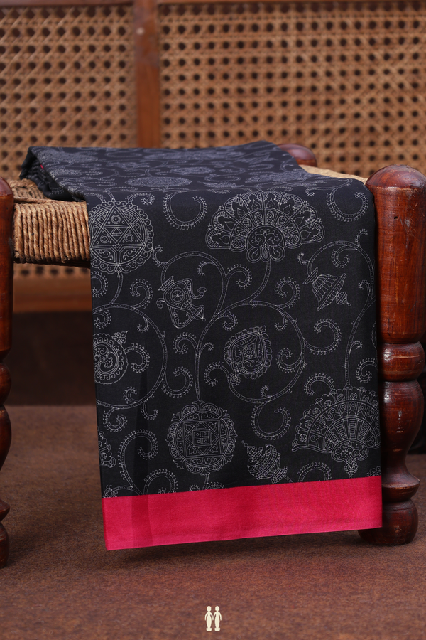 Printed Silk Saree In Black With Allover Design