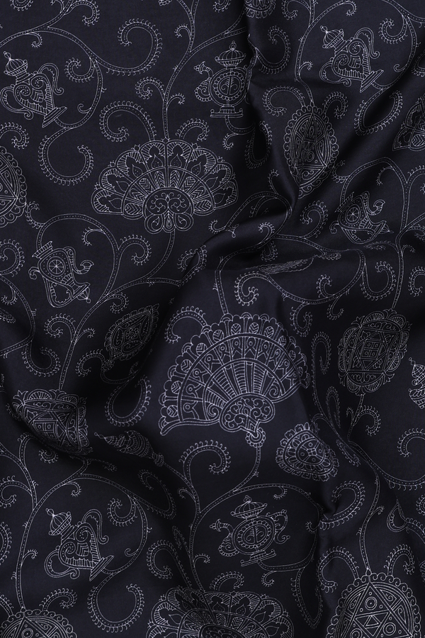 Printed Silk Saree In Black With Allover Design