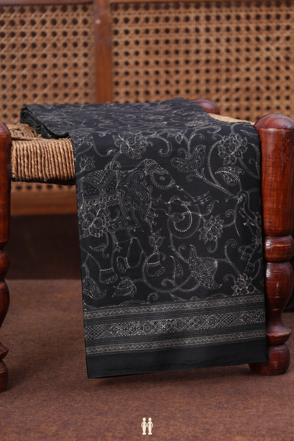 Printed Silk Saree In Black With Allover Design