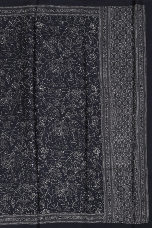 Printed Silk Saree In Black With Allover Design