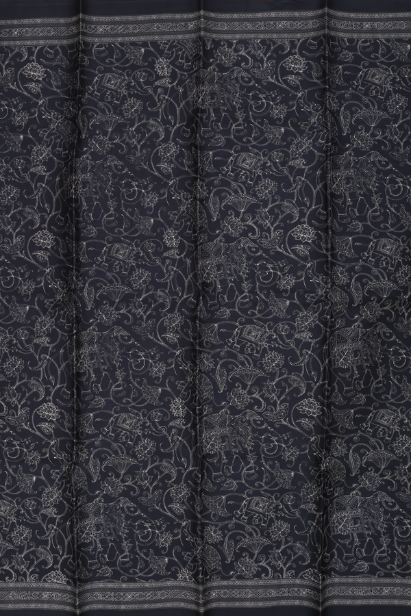 Printed Silk Saree In Black With Allover Design