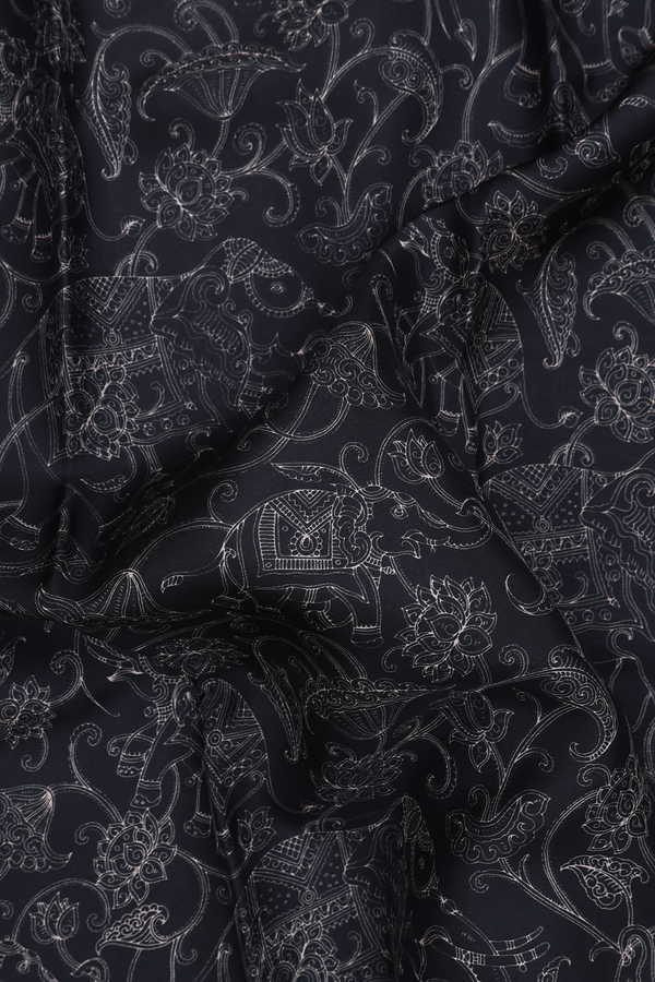 Printed Silk Saree In Black With Allover Design