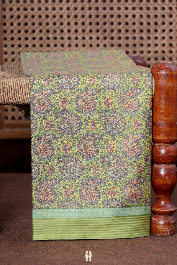 Printed Silk Saree In Pear Green With Paisley Design