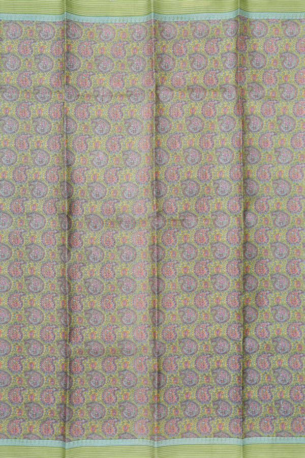 Printed Silk Saree In Pear Green With Paisley Design