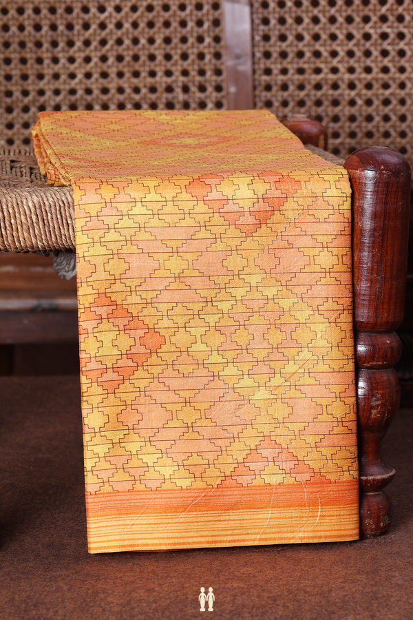 Printed Silk Saree In Orange And Yellow With Allover Design