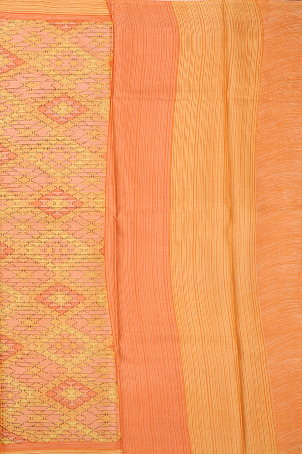 Printed Silk Saree In Orange And Yellow With Allover Design