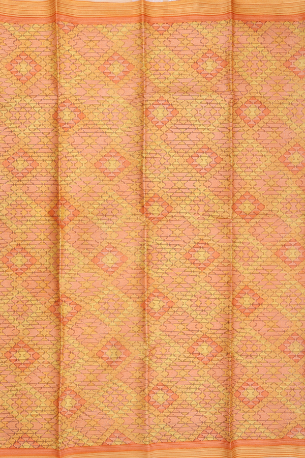 Printed Silk Saree In Orange And Yellow With Allover Design