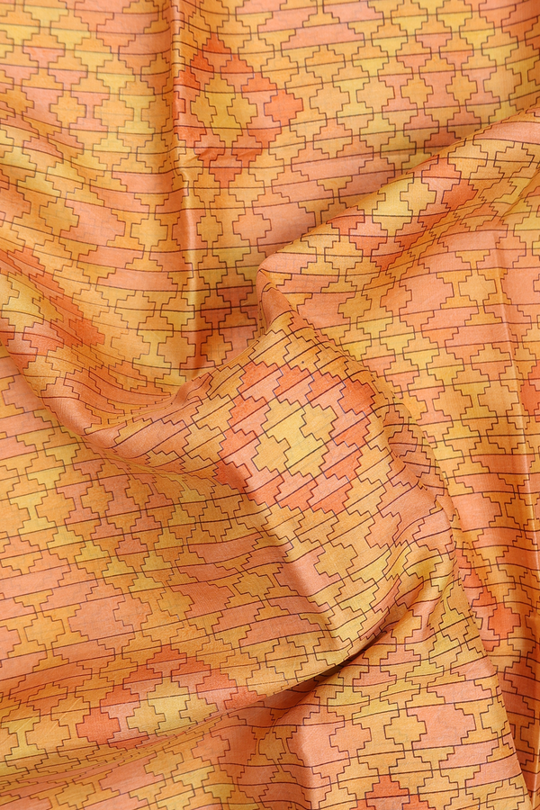 Printed Silk Saree In Orange And Yellow With Allover Design