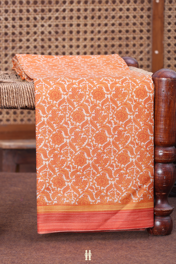 Printed Silk Saree In Cream Color With Floral Design