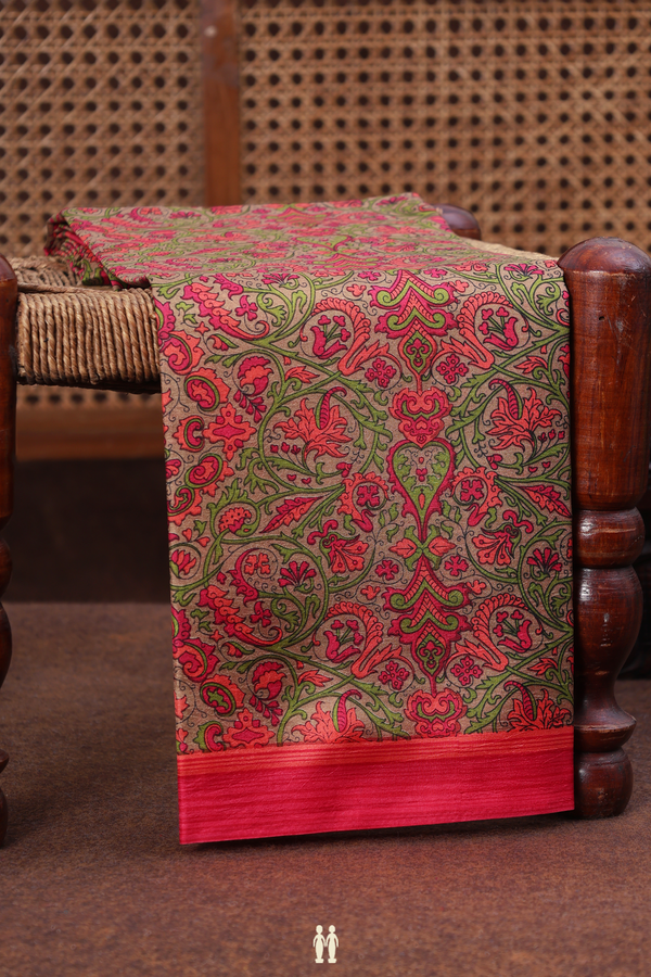 Printed Silk Saree In Khaki With Allover Design