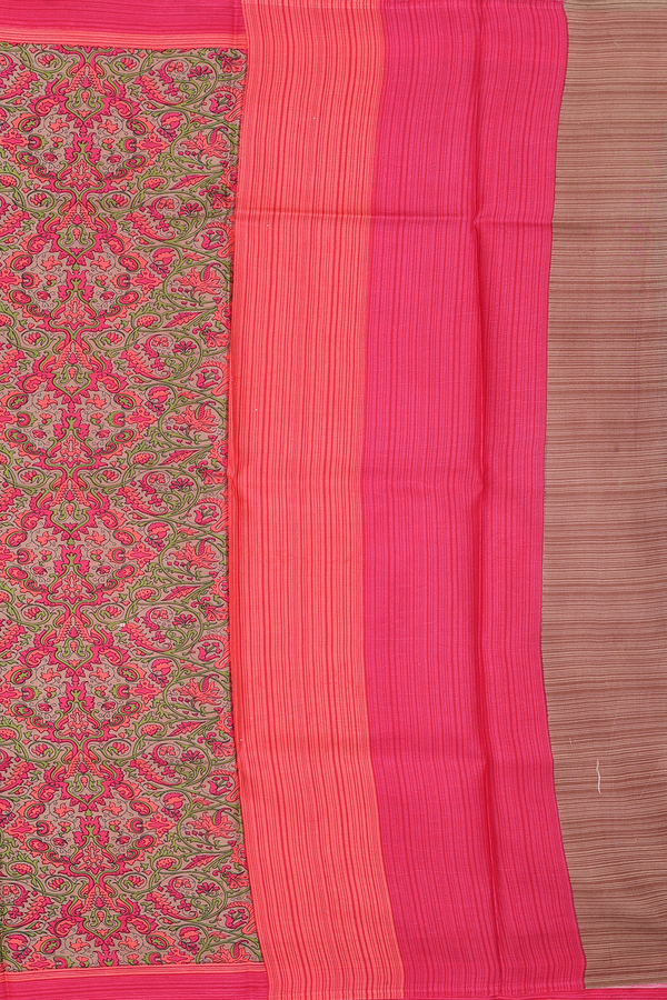 Printed Silk Saree In Khaki With Allover Design