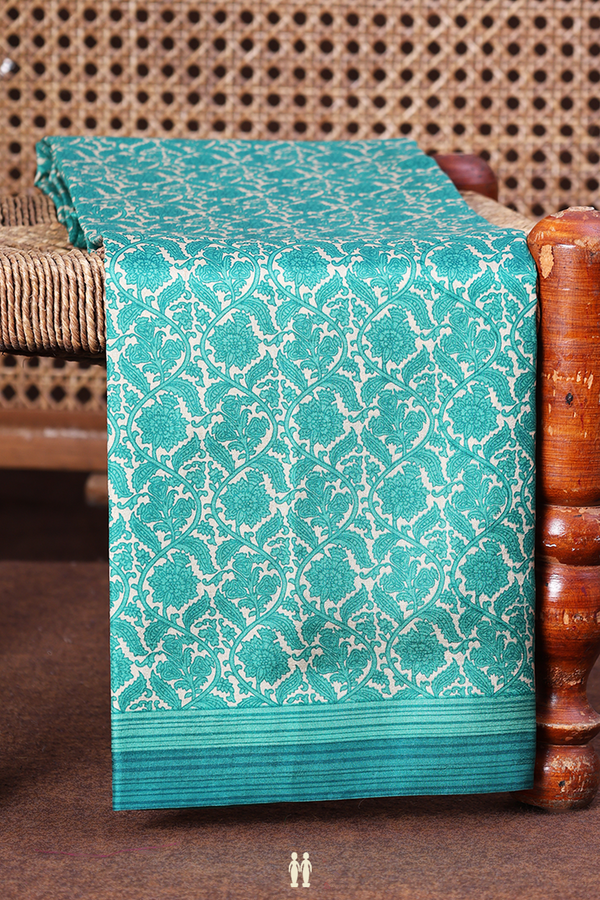 Printed Silk Saree In Green And Cream With Floral Design