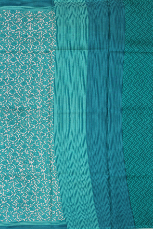 Printed Silk Saree In Green And Cream With Floral Design