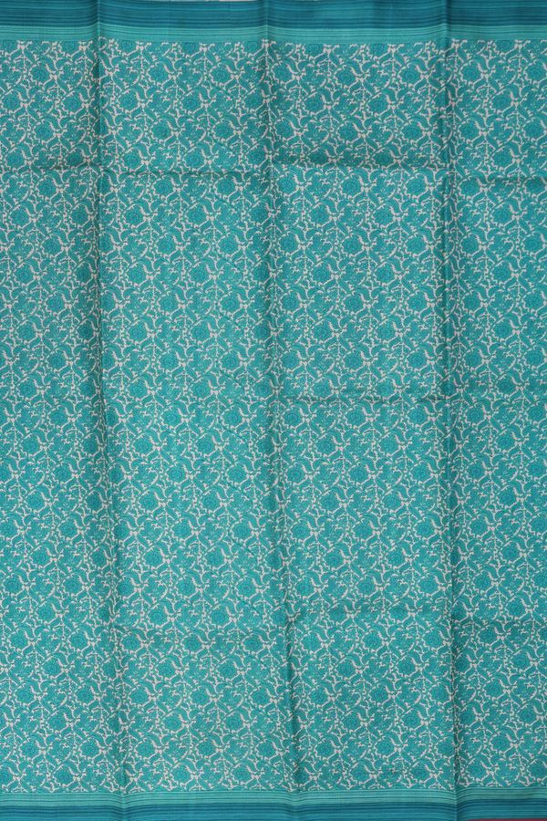 Printed Silk Saree In Green And Cream With Floral Design