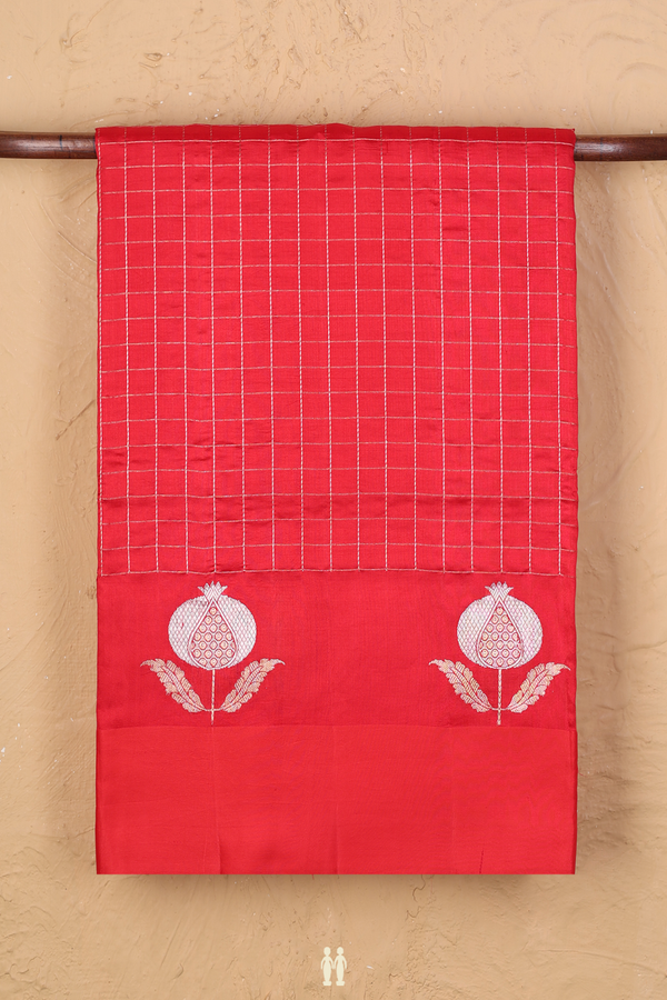 Raw Silk Saree In Chilli Red With Checks Design