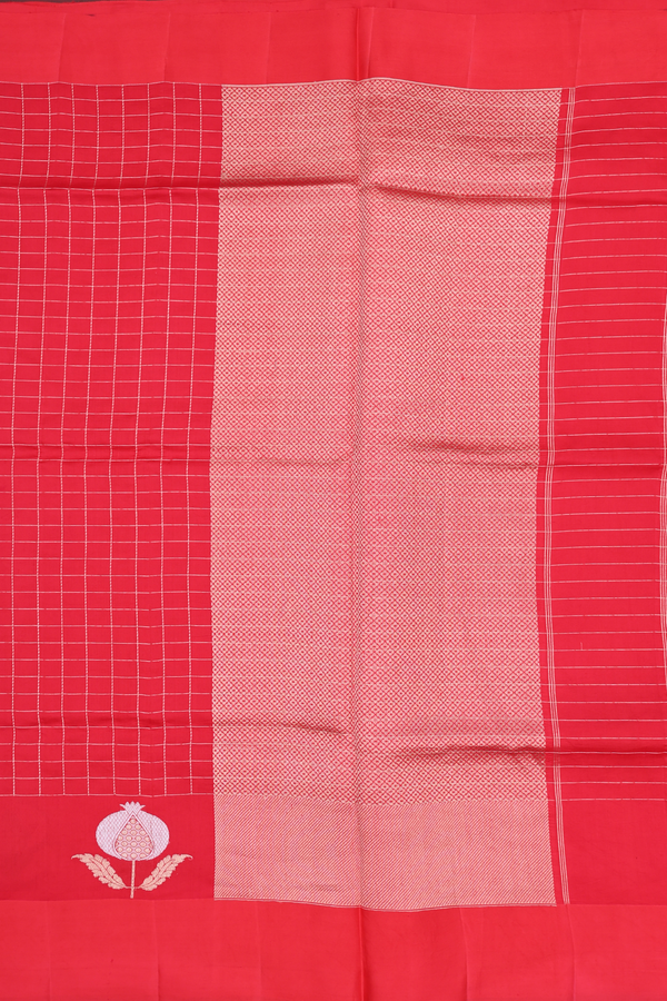 Raw Silk Saree In Chilli Red With Checks Design