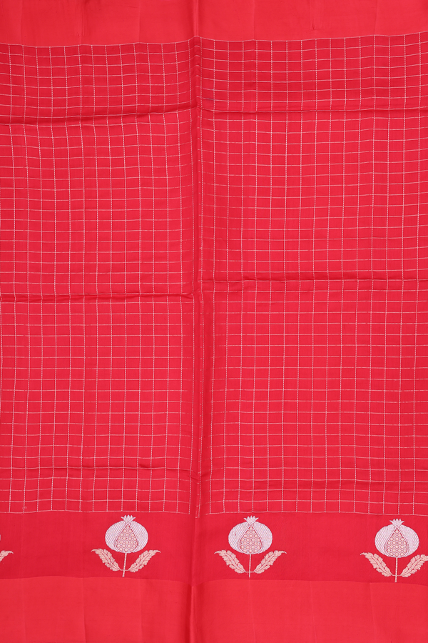 Raw Silk Saree In Chilli Red With Checks Design