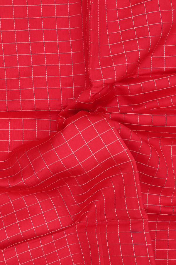 Raw Silk Saree In Chilli Red With Checks Design