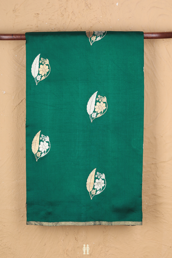 Raw Silk Saree In Peacock Green With Floral Motifs