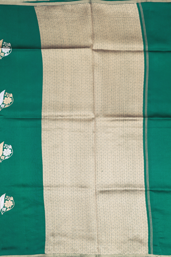 Raw Silk Saree In Peacock Green With Floral Motifs