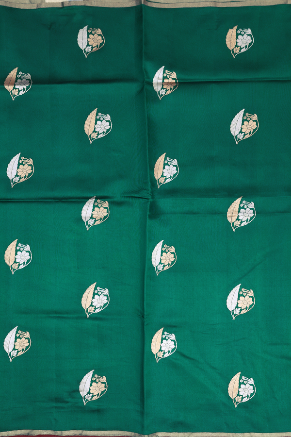 Raw Silk Saree In Peacock Green With Floral Motifs