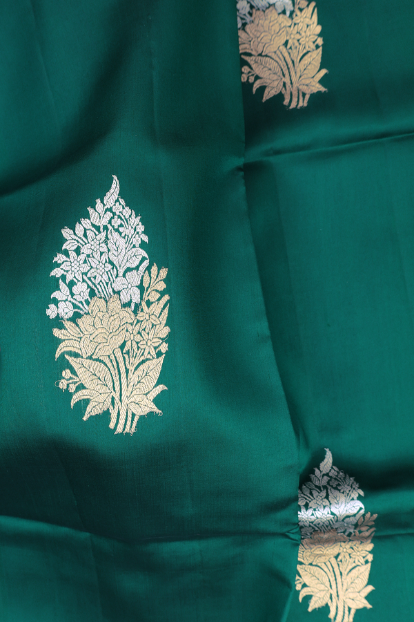 Raw Silk Saree In Pine Green With Floral Motifs
