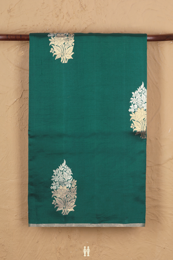 Raw Silk Saree In Pine Green With Floral Motifs