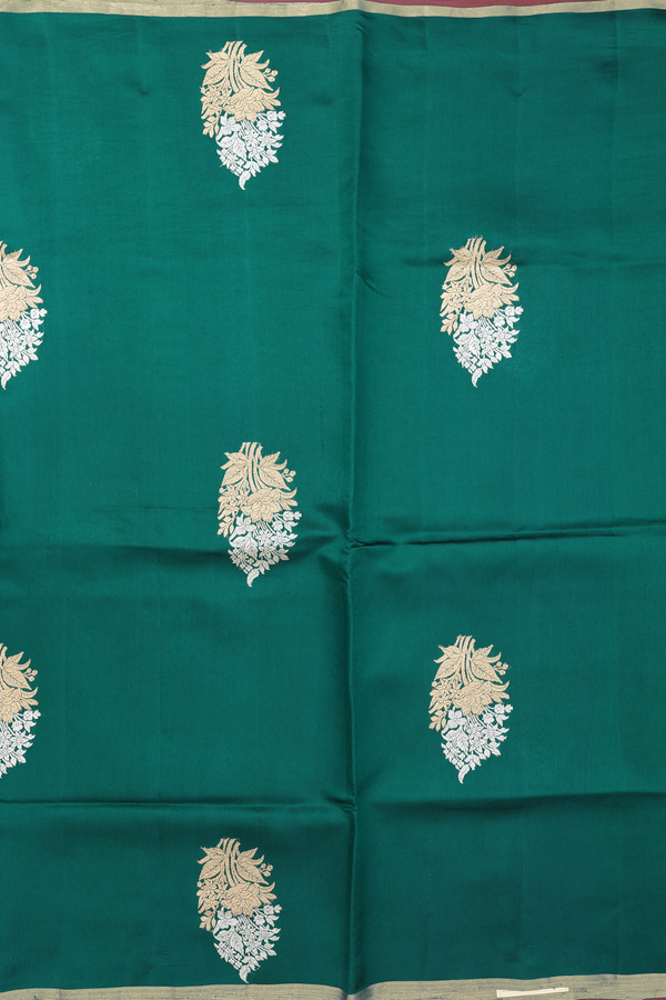 Raw Silk Saree In Pine Green With Floral Motifs